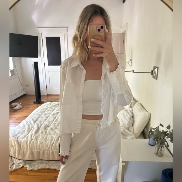 J. Crew Regenerative Cotton Cropped Ruffle Oxford Button Down Blouse Large - Picture 3 of 13